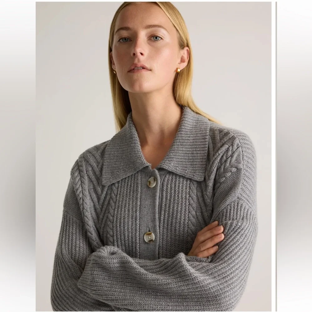 Quince Australian Merino Wool Collared Cable Cardigan - Picture 2 of 8